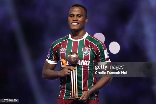 Jhon Arias of Fluminense poses for a photo with the Bronze Ball award following the FIFA Club World Cup Saudi Arabia 2023 Final between Manchester...