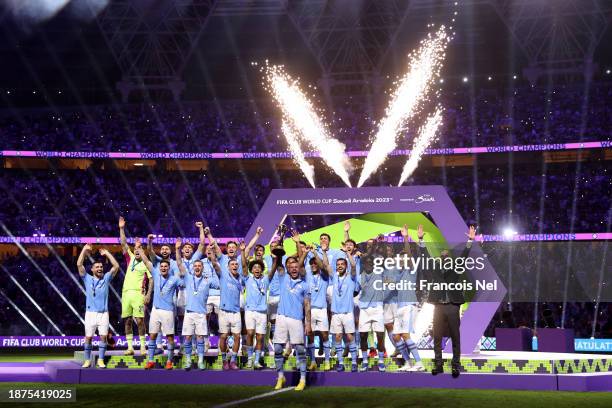 Kyle Walker of Manchester City lifts the FIFA Club World Cup trophy after their team's victory in the FIFA Club World Cup Saudi Arabia 2023 Final...