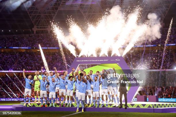 Kyle Walker of Manchester City lifts the FIFA Club World Cup trophy after their team's victory in the FIFA Club World Cup Saudi Arabia 2023 Final...