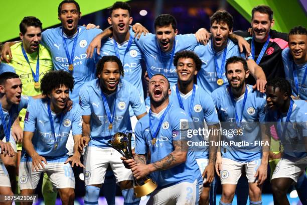 Kyle Walker of Manchester City lifts the FIFA Club World Cup trophy after their team's victory in the FIFA Club World Cup Saudi Arabia 2023 Final...