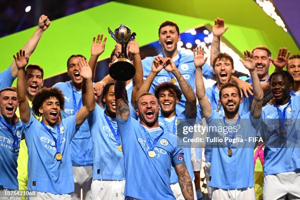 Kyle Walker of Manchester City lifts the FIFA Club World Cup trophy after their team's victory in the FIFA Club World Cup Saudi Arabia 2023 Final...