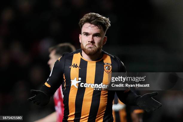 Aaron Connolly of Hull City celebrates after scoring their team's first goal during the Sky Bet Championship match between Bristol City and Hull City...