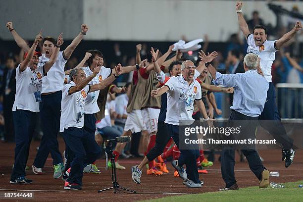 Marcello Lippi, head coach of Guangzhou Evergrande, celebrate with Guangzhou Evergrande staff during the AFC Champions League Final 2nd leg match...