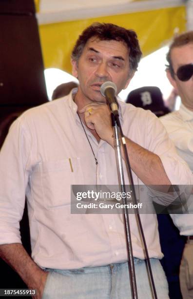 German-born American concert promoter Bill Graham speaks during a press conference for Amnesty International's 'A Conspiracy of Hope' concert, East...