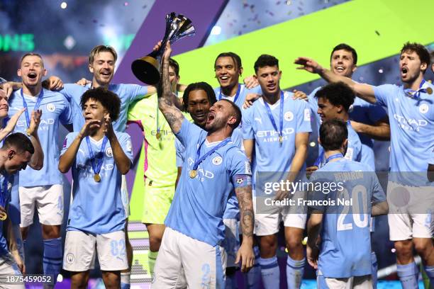 Kyle Walker of Manchester City lifts the FIFA Club World Cup trophy after their team's victory in the FIFA Club World Cup Saudi Arabia 2023 Final...