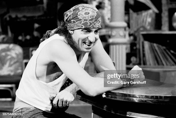 View of American Blues & Rock musician Steven Van Zandt during an interview on MTV at Teletronic Studios, New York, New York, May 19, 1983.