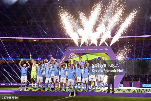 Kyle Walker of Manchester City lifts the FIFA Club World Cup trophy after their team's victory in the FIFA Club World Cup Saudi Arabia 2023 Final...