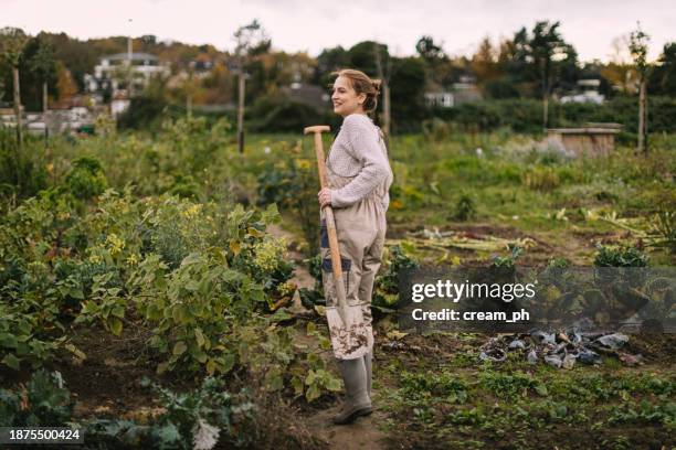 frau mit schaufel bei der arbeit auf dem landwirtschaftlichen feld - gärtnern stock-fotos und bilder