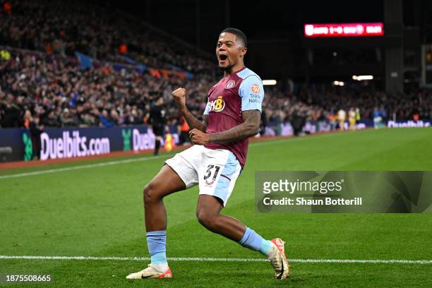 Leon Bailey of Aston Villa celebrates after scoring their team's first goal during the Premier League match between Aston Villa and Sheffield United...