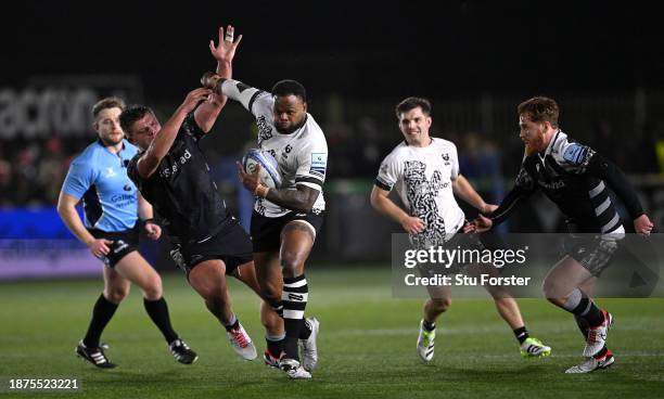 Bristol Bears player Virimi Vakatawa breaks past Jamie Blamire on his way to score the second Bears try during the Gallagher Premiership Rugby match...