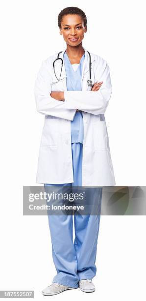 confident african american female healthcare worker - isolated - doctor scrubs stock pictures, royalty-free photos & images