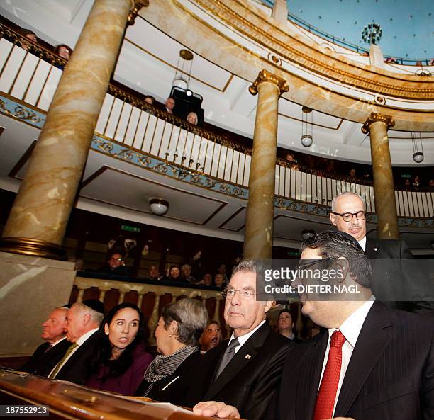 Austrian President Heinz Fischer is pictured with the President of the Jewish congregation in Vienna Oskar Deutsch during a commemoration ceremony...