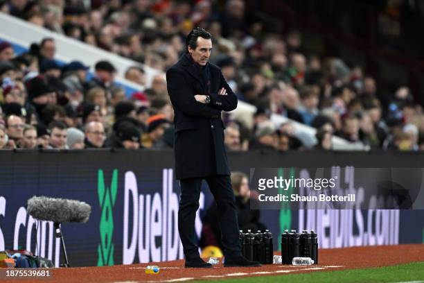 Unai Emery, Manager of Aston Villa, reacts during the Premier League match between Aston Villa and Sheffield United at Villa Park on December 22,...