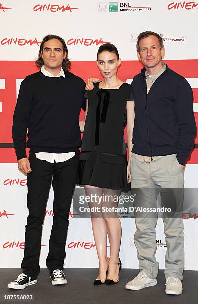 Actors Joaquin Phoenix, Rooney Mara and director Spike Jonze attend the 'Her' Photocall during the 8th Rome Film Festival at the Auditorium Parco...