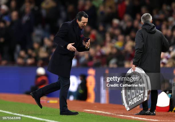 Unai Emery, Manager of Aston Villa, reacts during the Premier League match between Aston Villa and Sheffield United at Villa Park on December 22,...