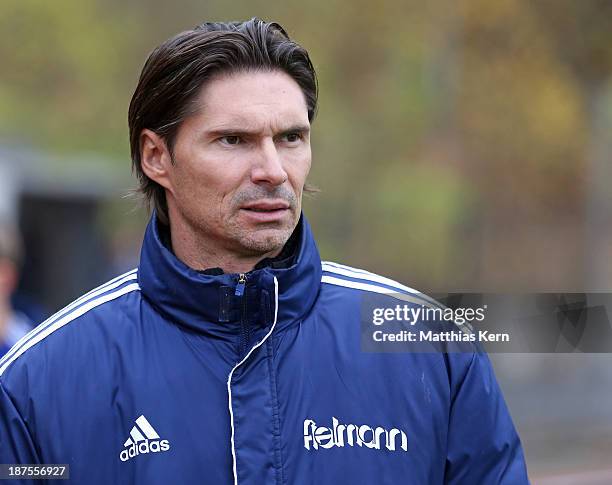 Head coach Thomas Brdaric of Neustrelitz looks on during the Regionalliga Nordost match between Berliner AK 07 and TSG Neustrelitz at Poststadion on...