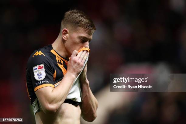 Liam Delap of Hull City looks dejected after the team's defeat in the Sky Bet Championship match between Bristol City and Hull City at Ashton Gate on...