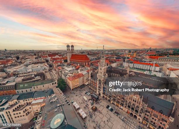 aerial view of munich's cityscape at dusk - marienplatz stock-fotos und bilder