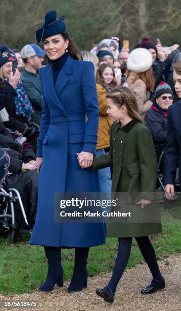 Catherine, Princess of Wales and Princess Charlotte of Wales attends the Christmas Day service at St Mary Magdalene Church on December 25, 2023 in...