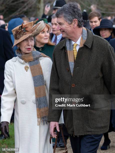 Princess Anne, Princess Royal and Timothy Laurence attend the Christmas Day service at St Mary Magdalene Church on December 25, 2023 in Sandringham,...