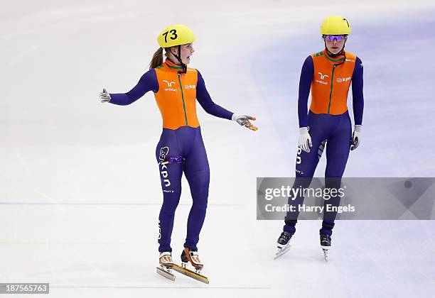 Yara Van Kerkhof of the Netherlands reacts angrily after her team failed to qualify for the women's 3000m relay final on day four of the Samsung ISU...