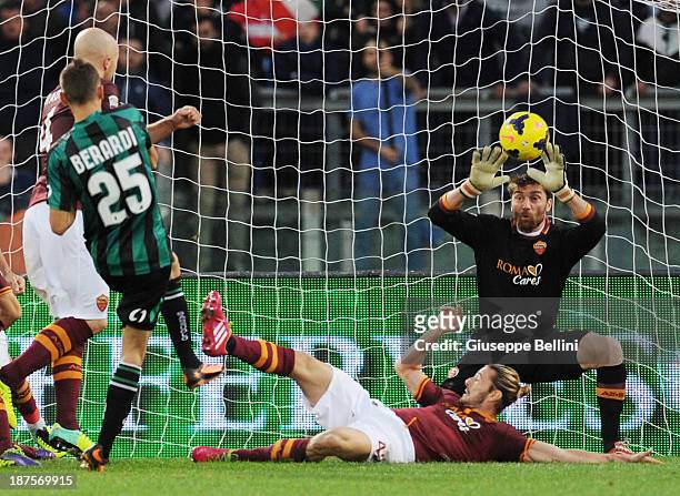 Domenico Berardi of Sassuolo scores the goal 1-1 during the Serie A match between AS Roma and US Sassuolo Calcio at Stadio Olimpico on November 10,...