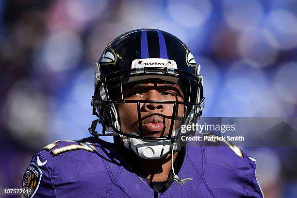 Running back Ray Rice of the Baltimore Ravens looks on before playing the Cincinnati Bengals at M&T Bank Stadium on November 10, 2013 in Baltimore,...