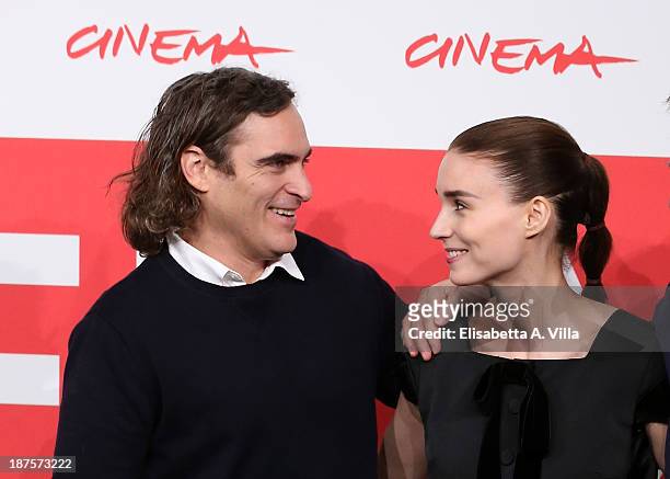 Actor Joaquin Phoenix and actress Rooney Mara attend the 'Her' Photocall during the 8th Rome Film Festival at the Auditorium Parco Della Musica on...