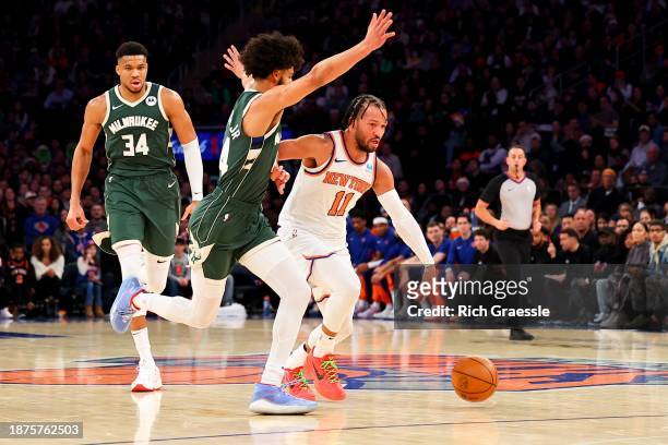 Jalen Brunson of the New York Knicks drives against Andre Jackson Jr. #44 of the Milwaukee Bucks during the first quarter of the game at Madison...