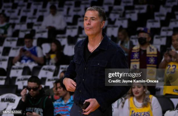 Rob Pelinka, vice president of basketball operations and general manager of the Los Angeles Lakers looks on prior to the game against the Boston...