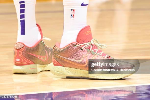 The sneakers worn by LeBron James of the Los Angeles Lakers during the game against the Boston Celtics on December 25, 2023 at Crypto.Com Arena in...
