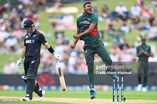 Shoriful Islam of Bangladesh celebrates during game three of the Men's One Day International series between New Zealand and Bangladesh at McLean Park...