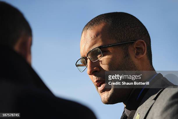 Former Northampton Town player Clarke Carlisle before the FA Cup First Round match between Bishop's Storford and Northampton Town ProKit UK stadium...