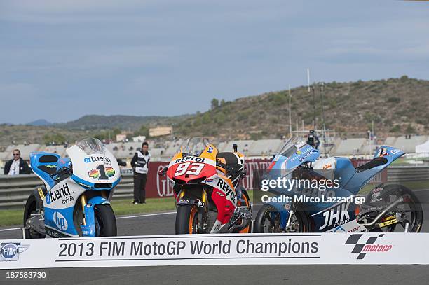 The bikes of Pol Espargaro of Spain and Pons 40 HP Tuenti, Marc Marquez of Spain and Repsol Honda Team and Maverick Vinales of Spain and Team Calvo...