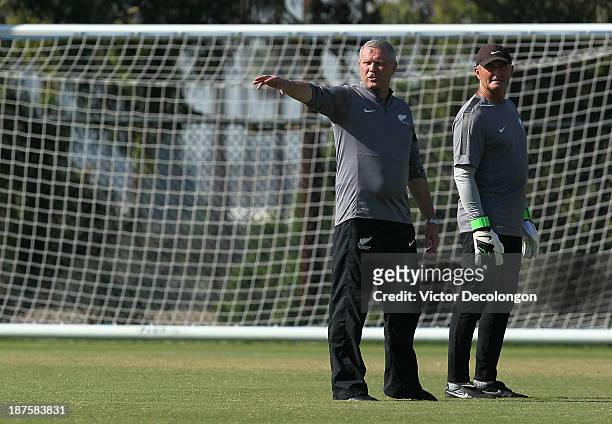 New Zealand Manager Ricki Herbert looks on during a training session for his team at StubHub Center on November 10, 2013 in Los Angeles, California.