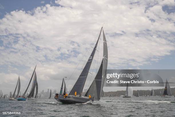 Teasing Machine heads up Sydney Harbour during the 2023 Sydney to Hobart on Sydney Harbour, on December 26, 2023 in Sydney, Australia.