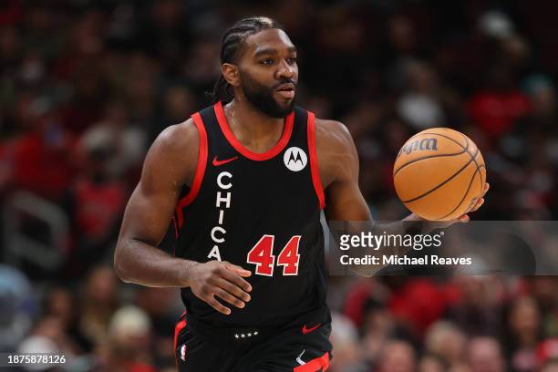 Patrick Williams of the Chicago Bulls dribbles against the San Antonio Spurs during the second half at the United Center on December 21, 2023 in...