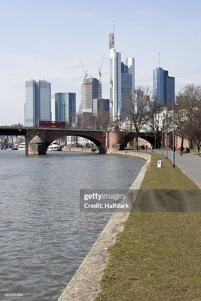 A tranquil park scene with a thriving and developing city in back, Frankfurt - Main, Germany