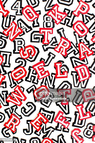 a bunch of varsity font sticker letters and numbers in red and black outline - varsity stock pictures, royalty-free photos & images