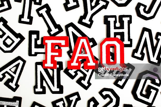 red outlined varsity font stickers spelling faq on top of black outlined letters - acronym stock pictures, royalty-free photos & images