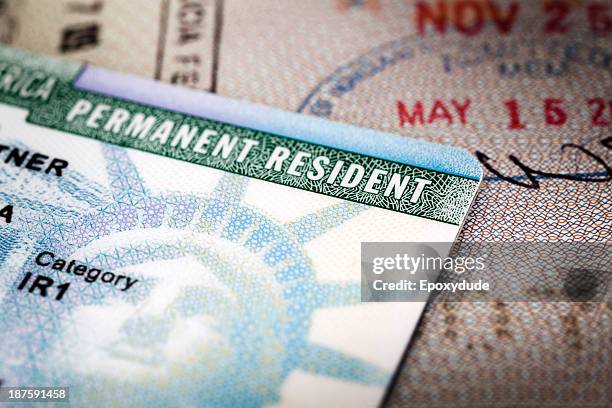 a green card lying on an open passport, close-up, full frame - passport stamps stock-fotos und bilder