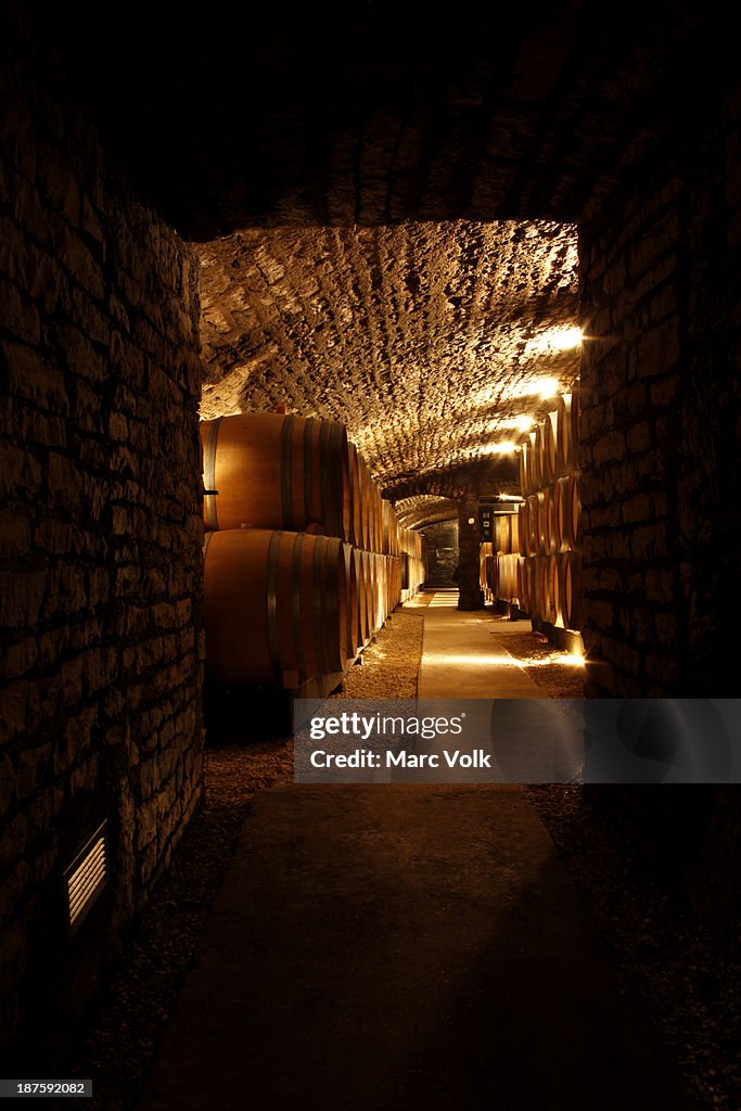 View down the corridor of a wine cellar