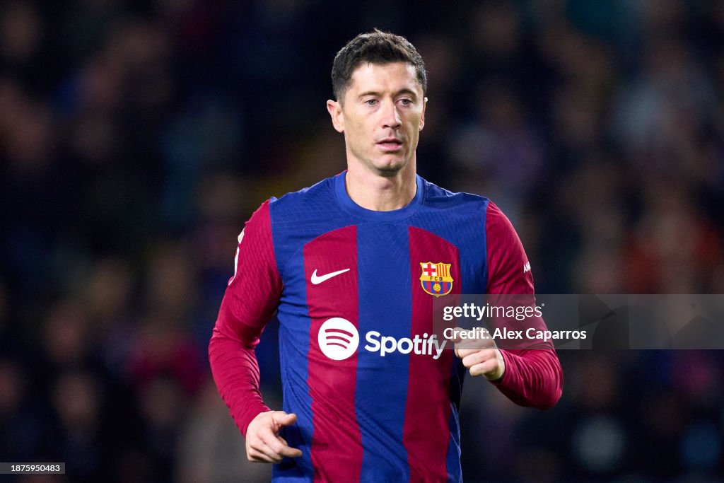 Robert Lewandowski of FC Barcelona looks on during the LaLiga EA