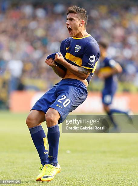 Leandro Paredes of Boca Juniors celebrates the first goal during a match between Boca Juniors and Tigre as part of round 15th of Torneo Inicial at...