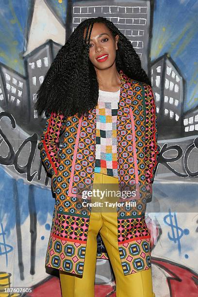 Singer Solange Knowles celebrates the release of her "Saint Heron" compilation album outside Opening Ceremony in Soho on November 10, 2013 in New...