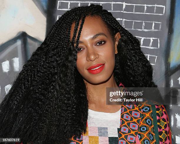 Singer Solange Knowles celebrates the release of her "Saint Heron" compilation album outside Opening Ceremony in Soho on November 10, 2013 in New...