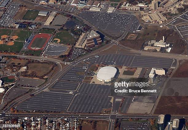 An aerial view of the Mitchell Field area and Nassau Coliseum on November 8, 2013 in Uniondale, New York.