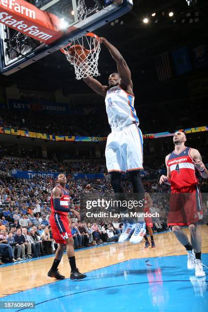 Serge Ibaka of the Oklahoma City Thunder dunks the ball against the the Washington Wizards during an NBA game on November 10, 2013 at the Chesapeake...