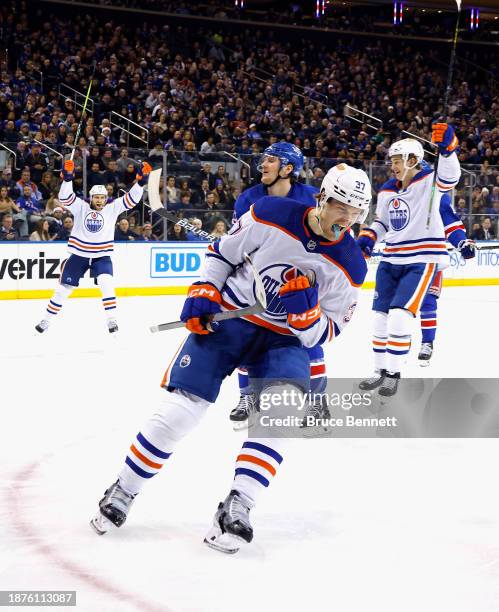 Warren Foegele of the Edmonton Oilers celebrates his third period goal against the New York Rangers at Madison Square Garden on December 22, 2023 in...