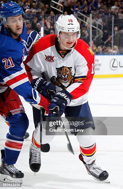 Aleksander Barkov of the Florida Panthers skates against the New York Rangers at Madison Square Garden on November 10, 2013 in New York City.